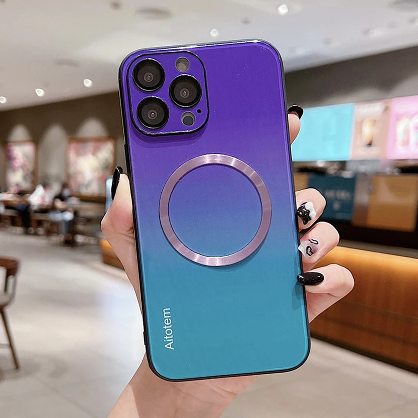 Magnetic Charging Phone Case For Iphone 16 15 14 13 Pro 12 Max Plus Gradient Glass 16Pro Phone Case Hard 15Pro Cover 14Pro Shell