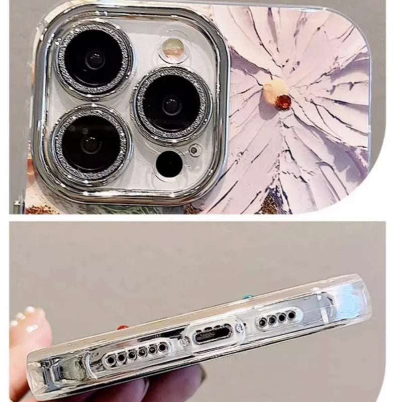 Luxury Flash Laser Flower Pattern Phone Case For iPhone 16 15 14 13 12 11 Pro Max Bumper Glitter Lens Protector On 15 Plus Cover