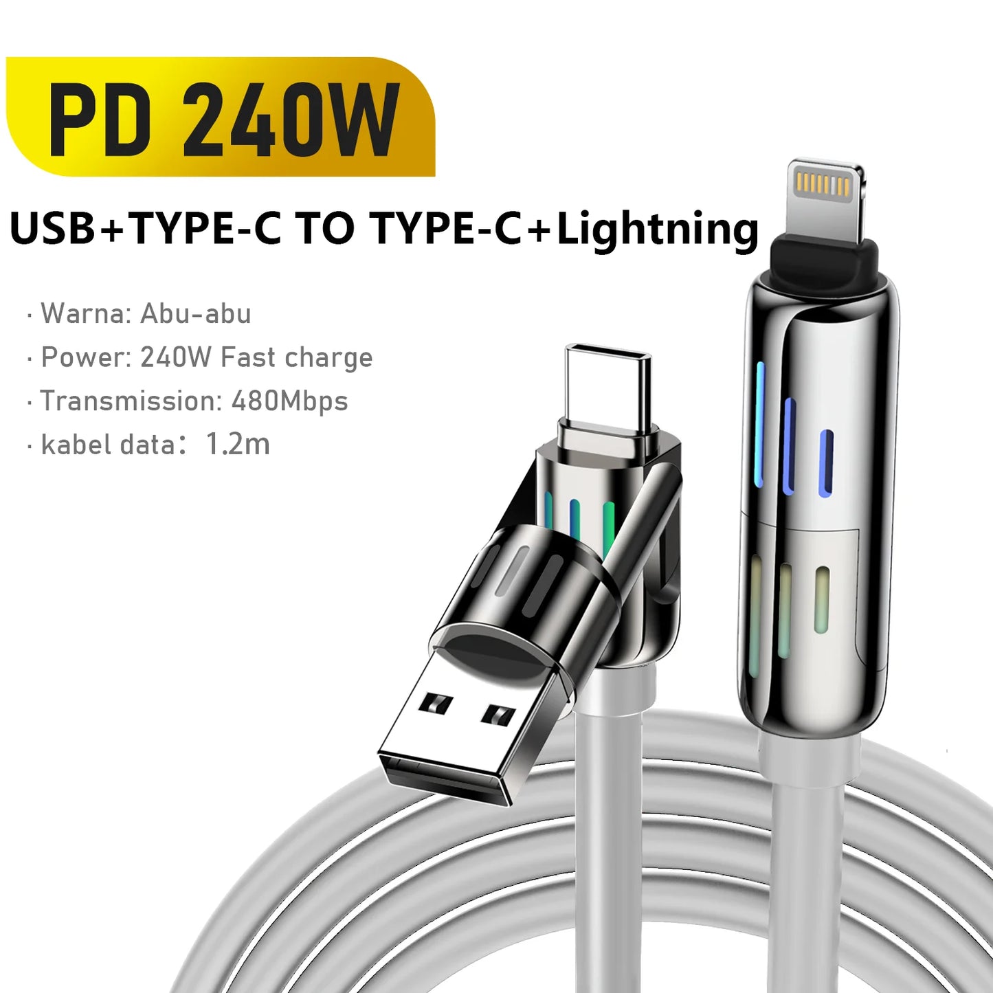 ﻿ TUTI  240W USB C-line  4-in-1 silicone fast charging cable, with C/USB A/L ports, suitable for iPhone/iPad/Samsung/MacBee 5 '