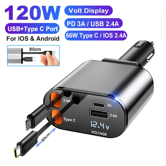 4 IN 1 Quick Phone Charger 120W Max USB Type C PD30W with 2 Retractable Cables Voltage Display Car Phone Power Adapter