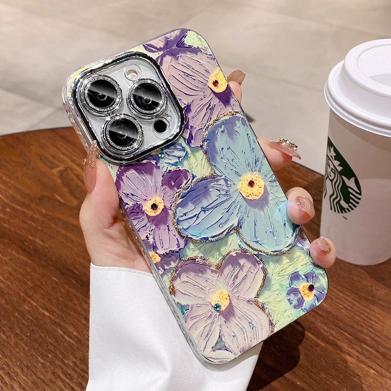 Luxury Flash Laser Flower Pattern Phone Case For iPhone 16 15 14 13 12 11 Pro Max Bumper Glitter Lens Protector On 15 Plus Cover