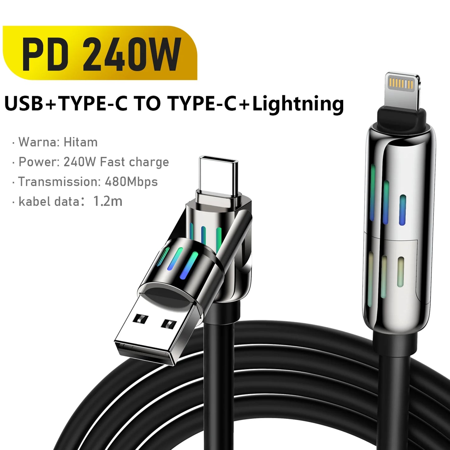 ﻿ TUTI  240W USB C-line  4-in-1 silicone fast charging cable, with C/USB A/L ports, suitable for iPhone/iPad/Samsung/MacBee 5 '