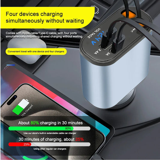 4 IN 1 Quick Phone Charger 120W Max USB Type C PD30W with 2 Retractable Cables Voltage Display Car Phone Power Adapter