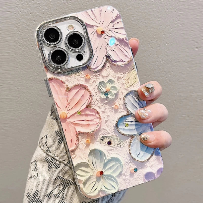 Luxury Flash Laser Flower Pattern Phone Case For iPhone 16 15 14 13 12 11 Pro Max Bumper Glitter Lens Protector On 15 Plus Cover