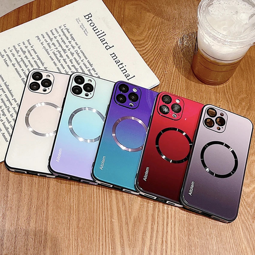 Magnetic Charging Phone Case For Iphone 16 15 14 13 Pro 12 Max Plus Gradient Glass 16Pro Phone Case Hard 15Pro Cover 14Pro Shell